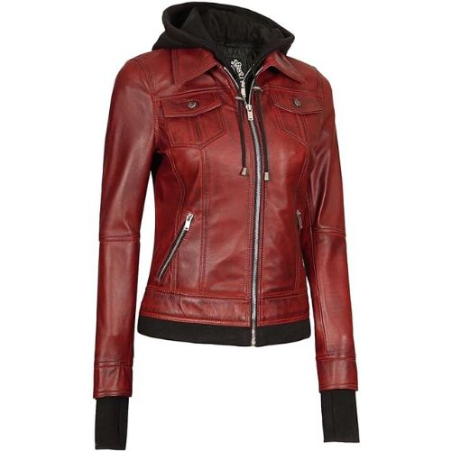 Cozybee  women Leather Bomber Jacket  - Real Lambskin Women Leather Jacket with Removeable Hood
