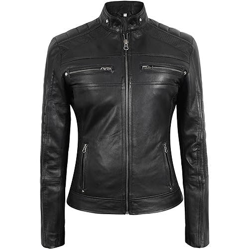 Leather Jacket Women - Quilted Shoulder Leather Jacket for Women Stylish